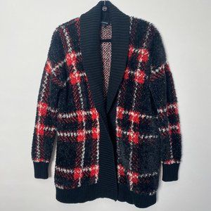 NEW EXPRESS RED BLACK HOLIDAY PLAID FUZZY TEDDY SWEATER CARDIGAN MEDIUM 🦌🎄🎅